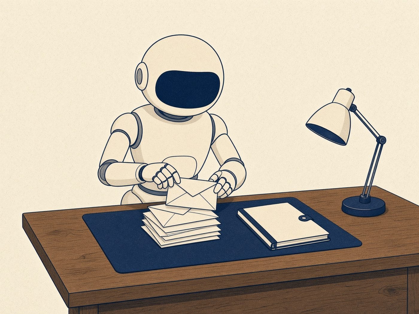 MiniStaff robot at a desk sorting envelopes and a research notebook